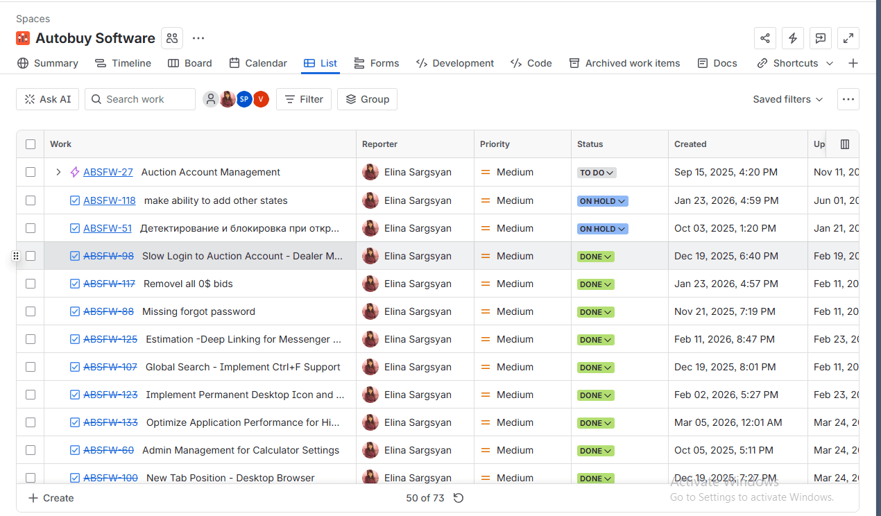 Backlog ownership вЂ” 73 tasks managed in product backlog