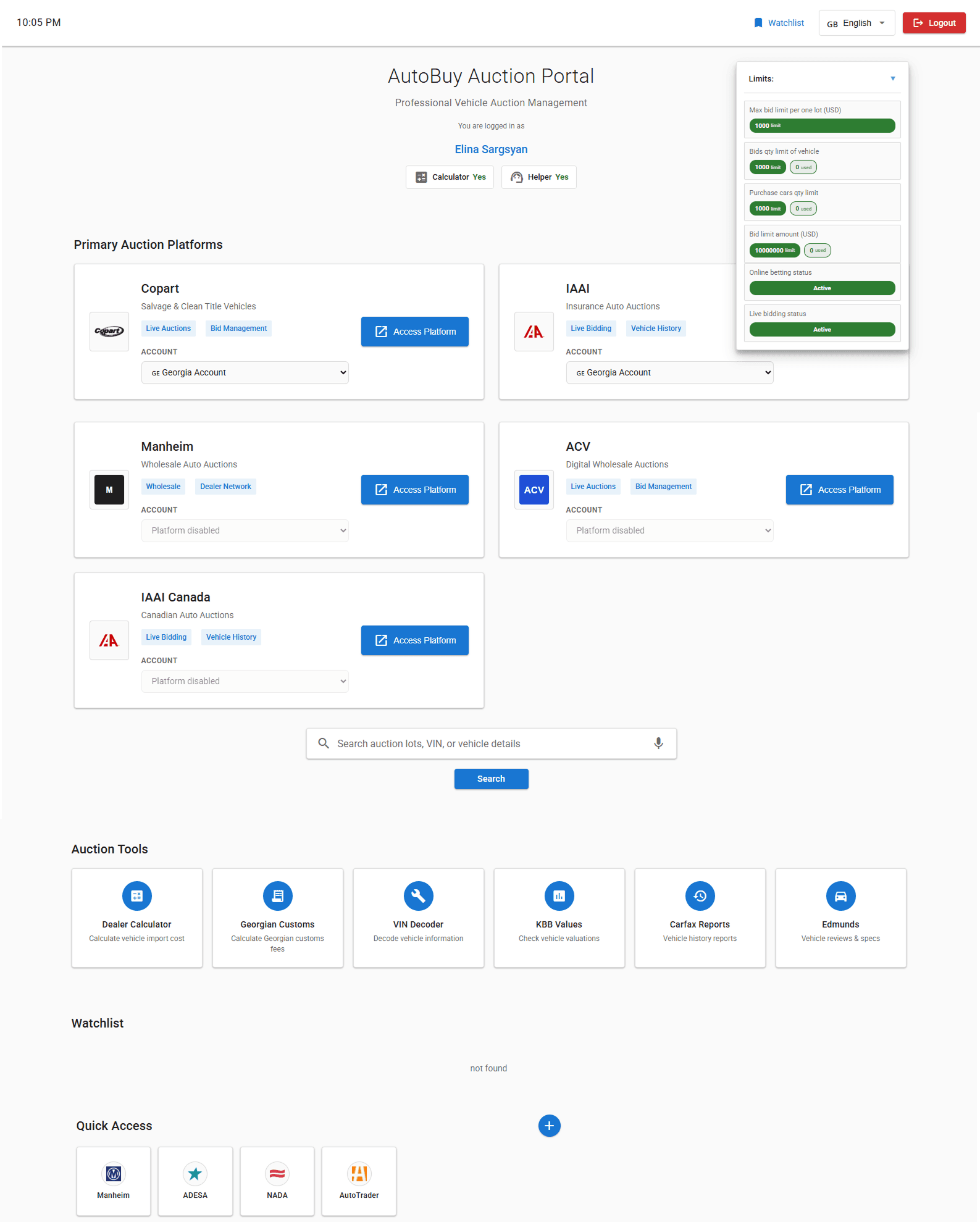 Dealer Portal — Multi-Platform Access (Copart, IAAI, Manheim, ACV), Calculator Tools