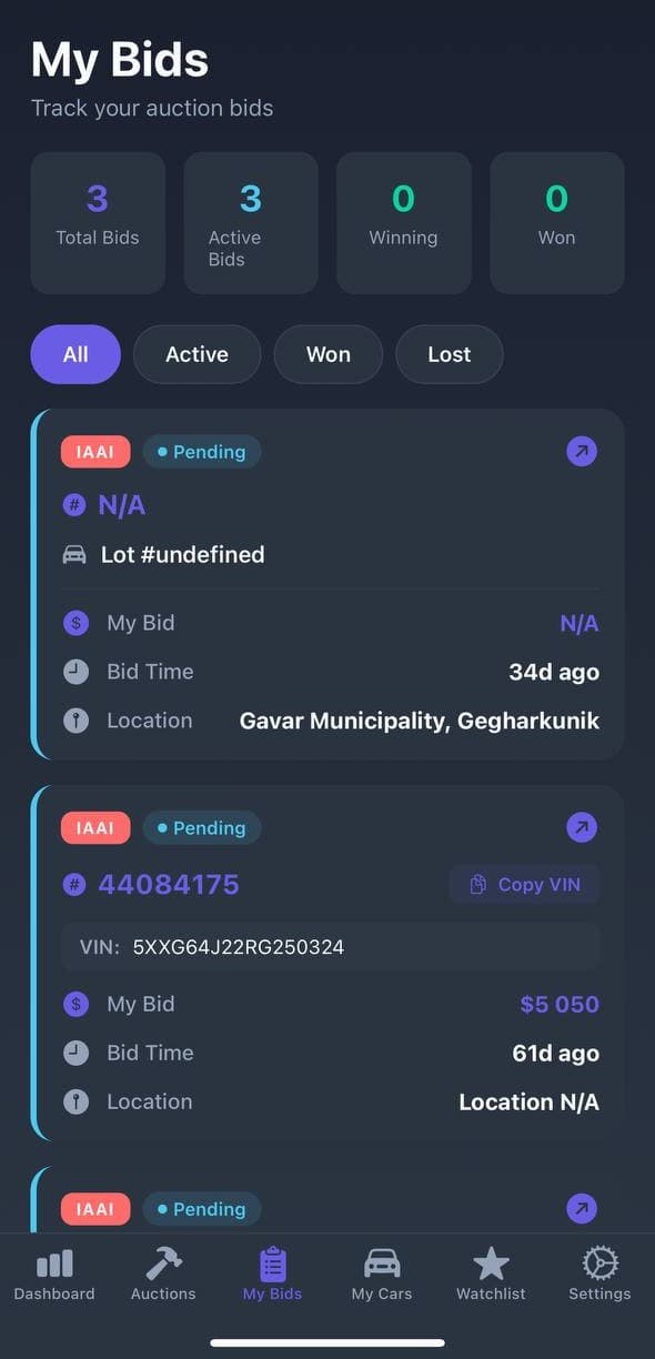 My Bids — Real-Time Tracking per Auction