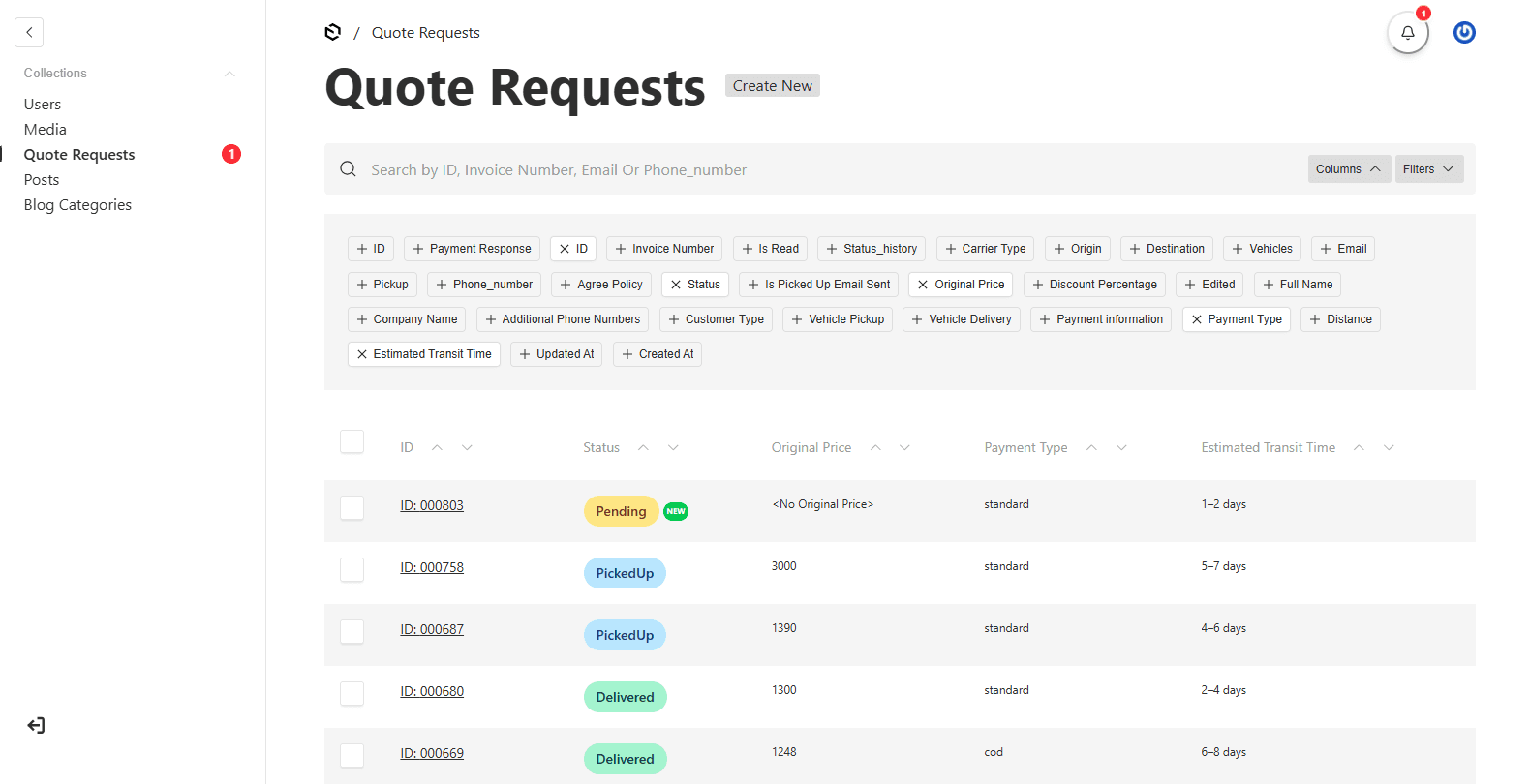 Quote requests — full order list